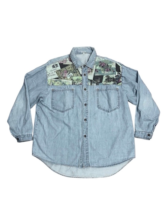 SUTTINI Tops - Vtg 90s SUTTINI Blue Denim Patchwork Shirt South Africa Button Up Long Sleeve L